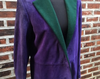 Beautiful Vintage Versace Purple And Green Suede and Wool Jacket Size 12/14 Oversized Indie Boho Hippie