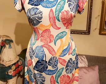 Cool Vintage 90s Leafy Botanical Tropucal Dress Size 10 Party Cocktail Indie Boho Hippie Abstract