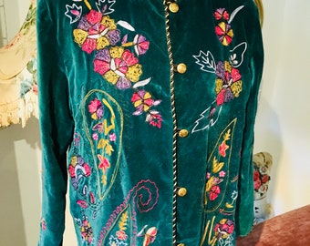 Amazing Embroidered Emerald Green Velvet Jacket Size UK 14 Indie Boho Bohemian Hippie