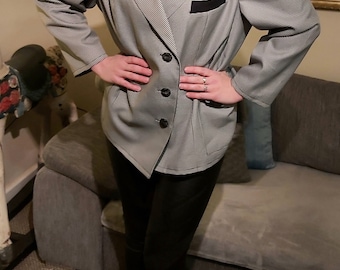 Cool Vintage Retro Monochrome Gingham Blazer Jacket Size 16-18 Oversized Pin Up Rockabilly