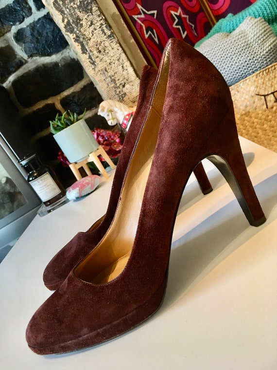 Vintage Retro Suede Chocolate Brown Platform Heel… - image 3