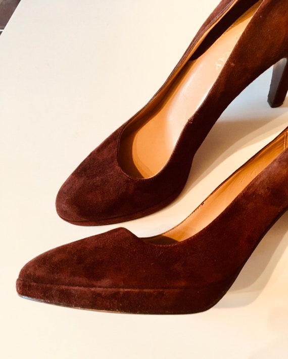 Vintage Retro Suede Chocolate Brown Platform Heel… - image 2