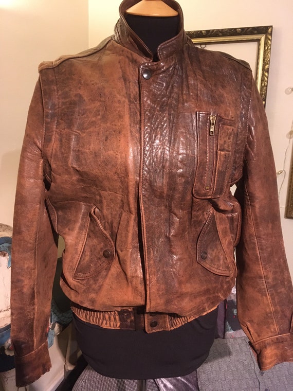 Vintage 80s Distressed Leather Aviator Style Bomb… - image 1