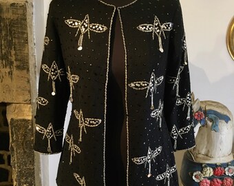 Amazing Vintage Wool Jacket With Dragonfly Sequin Appliqués Size UK 8 Indie Boho Glam Rock Pin Up Rockabilly