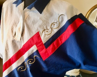 Cool Vintage 80s Collared Batwing Blouse Colour Block with Abstract Appliqué and Studs Size 12 Hipster Street Style Sporty