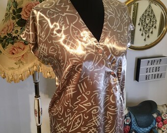 Satin Wet Look Principles Wrap Abstract Print Blouse Size UK 10 Pin Up Preppy Office