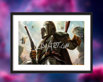 Custom Framed Mando Battle Art, Gift, Custom Art, Art, Mancave