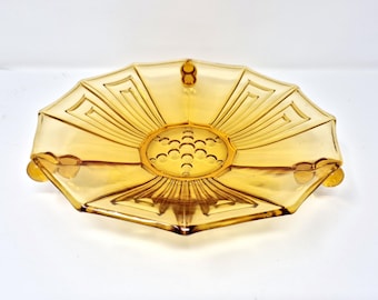 Art Deco Glass Bowl - Stölzle Austrian Glass - Vintage 1930s Amber Glass Dish Plate