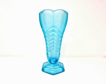 Art Deco Glass Vase - Large Blue Frosted Chevron Vase 1930s by Davidson - British Vintage Glass