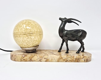 Art Deco Lamp - Vintage Table Lamp - Desk Lamp 1930s - Vintage Lighting - French Marble Art Deco Lamp - Gazelle Deer Spelter