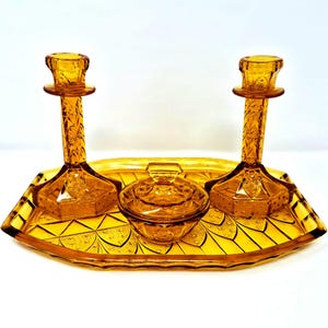 Art Deco Walther and Sohne Poseidon Trinket Set - Vanity Dressing Table Set 1930s - Vintage Gift - Amber Glass