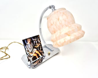 Art Deco Chrome Desk Lamp with White Orange Glass Shade and Photo Frame - 1920s Vintage Desk Lamp