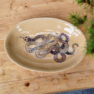Peut inclure: Un plat ovale en céramique beige avec un motif peint à la main d'un serpent brun et noir avec des taches rouges et noires.