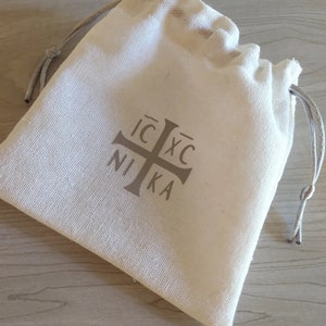 Linen Prosphora Antidoron Drawstring Bag Silver ICXC