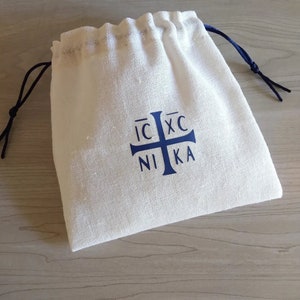Linen Prosphora Antidoron Drawstring Bag Blue ICXC