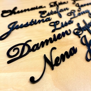 May include: Black acrylic name cards with the names "Justina", "Estefan", "Lisa", "Damien", "Nena", "Humana", "Jada", and "John" written in a cursive font.