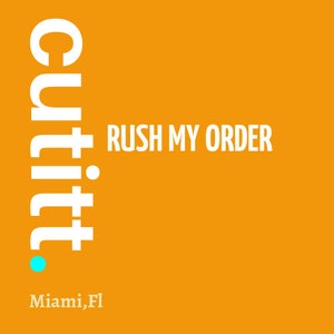 May include: White text on an orange background reads "rush my order" with a blue dot and the text "lit.com" and "Miami, FL" below.