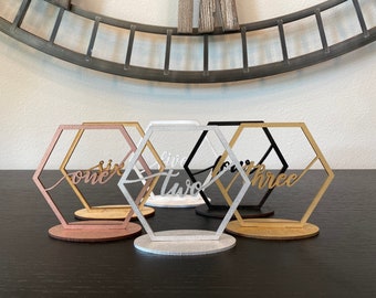 Wedding Numbers, Hexagon Table Numbers, Gold, Silver, Rose Gold Table Numbers, Wood, Acrylic Table Setting