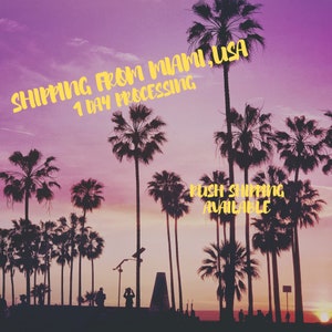 May include: Silhouette of palm trees against a vibrant purple sunset sky. The text "SHIPPING FROM MIAMI, USA 1 DAY PROCESSING" and "RUSH SHIPPING AVAILABLE" is superimposed on the image.