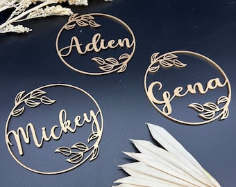 Birthday Floral Name Tags, Wedding Wooden Table Setting Name Signs,Personalized Laser Cut Names,Rustic Party Decoration Circle Names