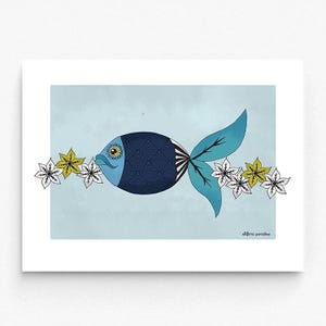 Pesciolino blu - Illustrazione Incantevole di un Pesce Blu tra Fiori Marini Bianchi e Gialli