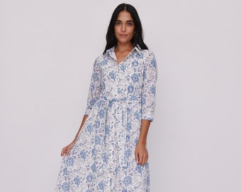 Floral Maxi Dress, Periwinkle Print Cotton Button-Up