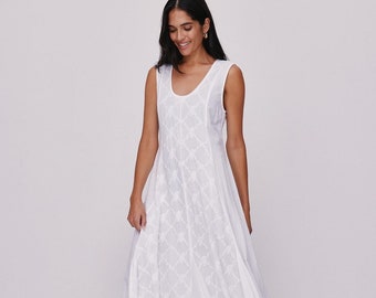 White Cotton Embroidered Dress: Sleeveless U-Neck Summer Style