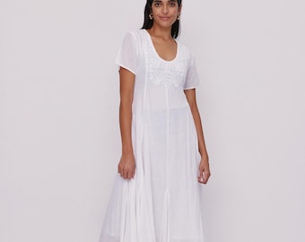 White Cotton Dress, Embroidered Summer Midi Dress