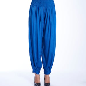 May include: Royal blue wide-leg pants with an elastic waistband and cuffed ankles. The pants are made of a soft, flowing fabric.