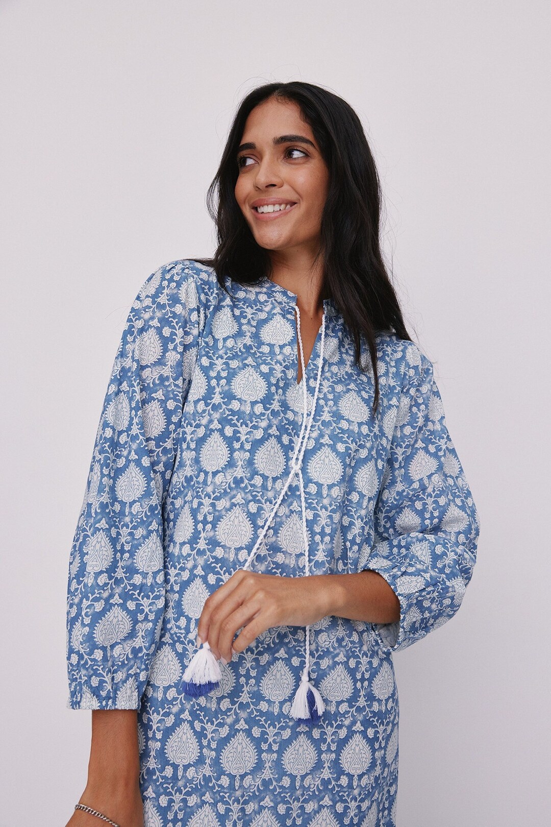 Block-printed Cotton Midi Dress, Blue & White Boho Tassel Dress - Etsy
