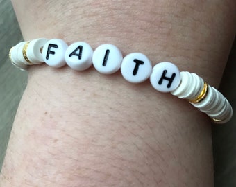 Faith word heishi beaded stretch bracelet