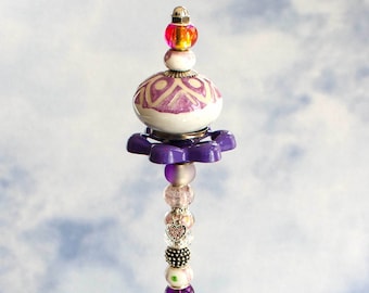 18” Unique Whimsical Beaded Garden Wands with Colorful Knobs & Hose Valves – Glass Beaded Fairy Wands – Cool Plant Stakes
