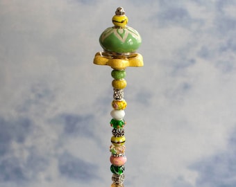 18” Unique Whimsical Beaded Garden Wands with Colorful Knobs & Hose Valves – Glass Beaded Fairy Wands – Cool Plant Stakes
