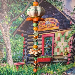 18” Unique Whimsical Beaded Wands with Colorful Knobs & Hose Valves – Orange/Green Glass Beaded Fairy Wand – Decorative Plant Stakes