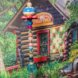 18” Unique Whimsical Beaded Garden Wands with Colorful Knobs & Hose Valves – Blue and Pink Glass Beaded Fairy Wands – Cool Plant Stakes