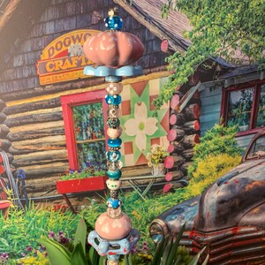 18&quot; Unique Whimsical Beaded Wand With Colorful Knobs and Hose Valves - Light Blue / Pink – Beaded Garden Fairy Stakes – Plant Stakes - Decor