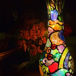 Handmade Colorful Stained Glass Night Lights w/ Fairy Lights Inside, Decorative Tiffany Style Mosaic Table Lamp Shade, Bedside Table Decor image 3