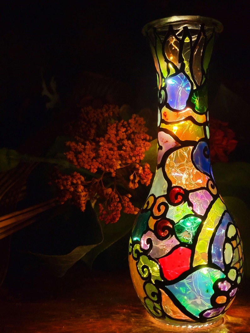 Handmade Colorful Stained Glass Night Lights w/ Fairy Lights Inside, Decorative Tiffany Style Mosaic Table Lamp Shade, Bedside Table Decor image 3