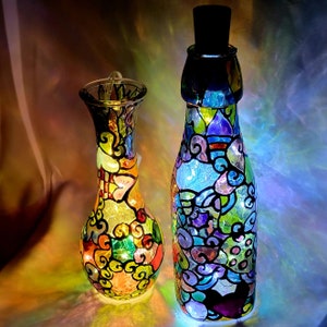 Handmade Colorful Stained Glass Night Lights w/ Fairy Lights Inside, Decorative Tiffany Style Mosaic Table Lamp Shade, Bedside Table Decor image 4