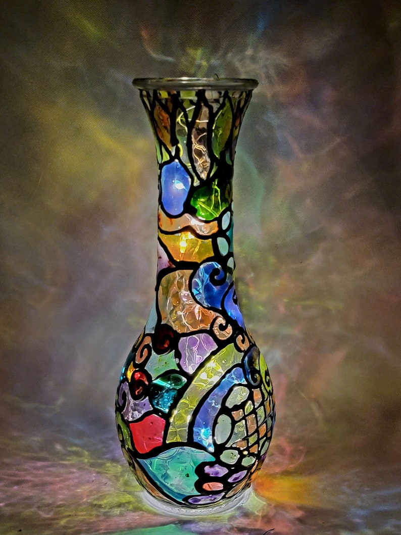 Handmade Colorful Stained Glass Night Lights w/ Fairy Lights Inside, Decorative Tiffany Style Mosaic Table Lamp Shade, Bedside Table Decor image 1