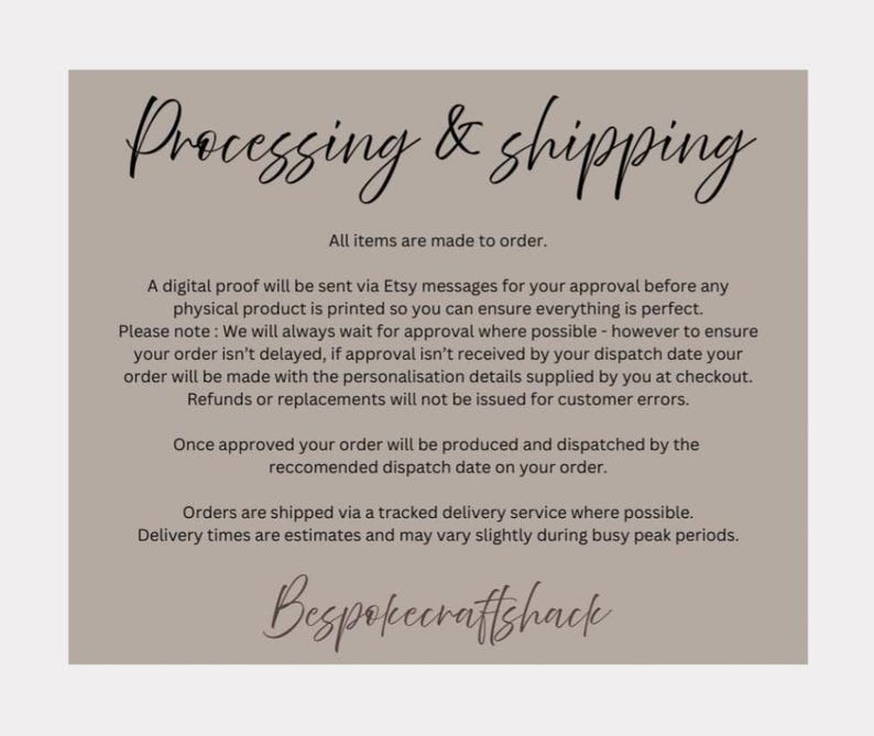 May include: A beige background with the text "Processing & shipping" in a cursive font. The text below details the order process, including digital proofs, approval, and shipping via tracked delivery. The shop name "Bespokecraftshack" is at the bottom.