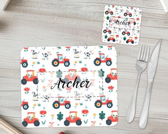 Children's placemat & coaster set - with custom name | Boys personalised tractor tablemat | Kids on the farm vehicle matching dinner giftset