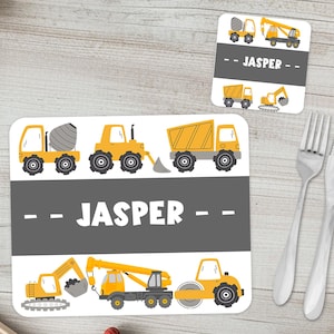 Juego de mantel individual y posavasos personalizados para niño / Mantel infantil con diseño de vehículos de construcción (con nombre personalizado) / Juego de vajilla infantil a juego