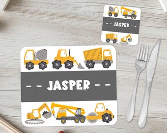 Boy's personalised placemat & coaster set | Children's construction vehicle tablemat - with custom name | Kid's matching dinnerware giftset