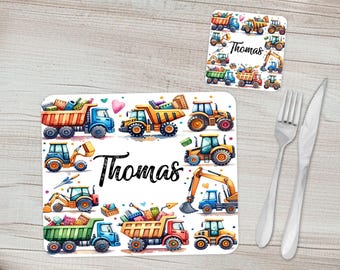 Boys personalised placemat & coaster giftset | Childrens construction vehicle table mat - with custom name | Too many trucks kids dinnerware