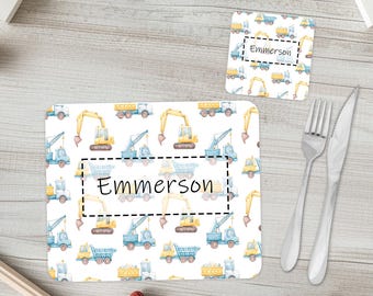 Children's construction vehicle tablemat - with custom name | Boys personalised placemat & coaster giftset | Matching vehicle dinnerware set
