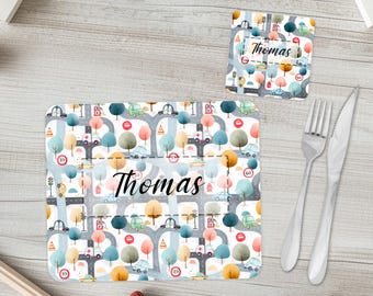 Children's placemat & coaster giftset | Boys vehicle tablemat - with custom name | Kids personalised roadmap dinner set | Boys birthday gift