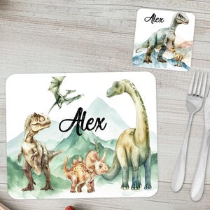 Boys personalised dinosaur placemat & coaster giftset | Children's dinosaur dinnermat - with custom name | Kids dinnerware birthday gift set