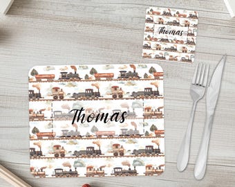 Children's placemat & coaster giftset | Boy's vintage train tablemat - with custom name | Kid's personalized dinner set | Boys birthday gift