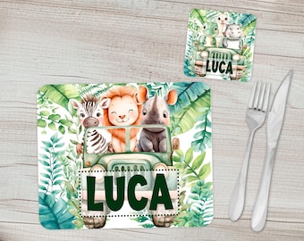 Mantel individual y posavasos personalizados para niños / Mantel individual con animales de safari - con nombre personalizado / Juego de vajilla infantil / Regalo de cumpleaños con temática de safari para niños